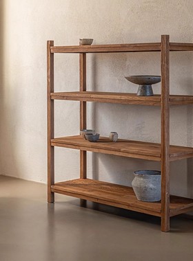 侘寂风博古架置物架复古实木书架多宝阁餐厅简约榆木展示架