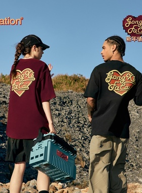 inflation美式街头恭喜发财新年爱心情侣T恤春夏新品宽松短袖男女