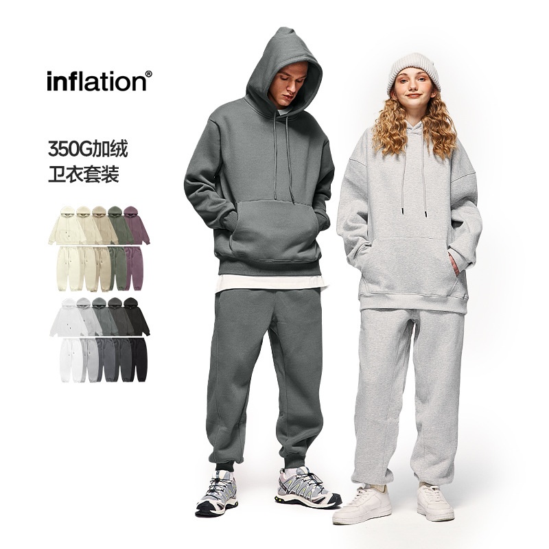 inflation美式连帽套装2025春季新品加绒加厚10色抓绒卫衣卫裤