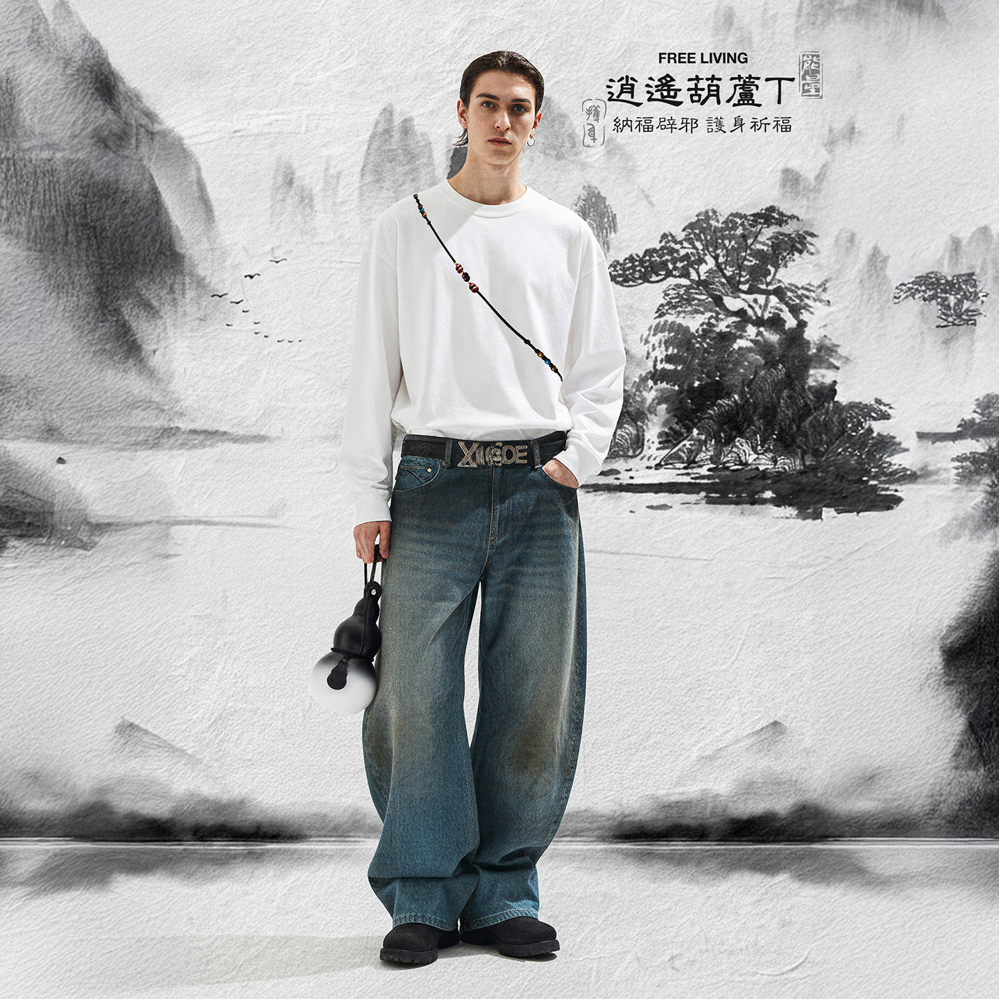 inflation逍遥葫芦长袖T恤25秋季新品珠串渐变葫芦印花圆领上衣