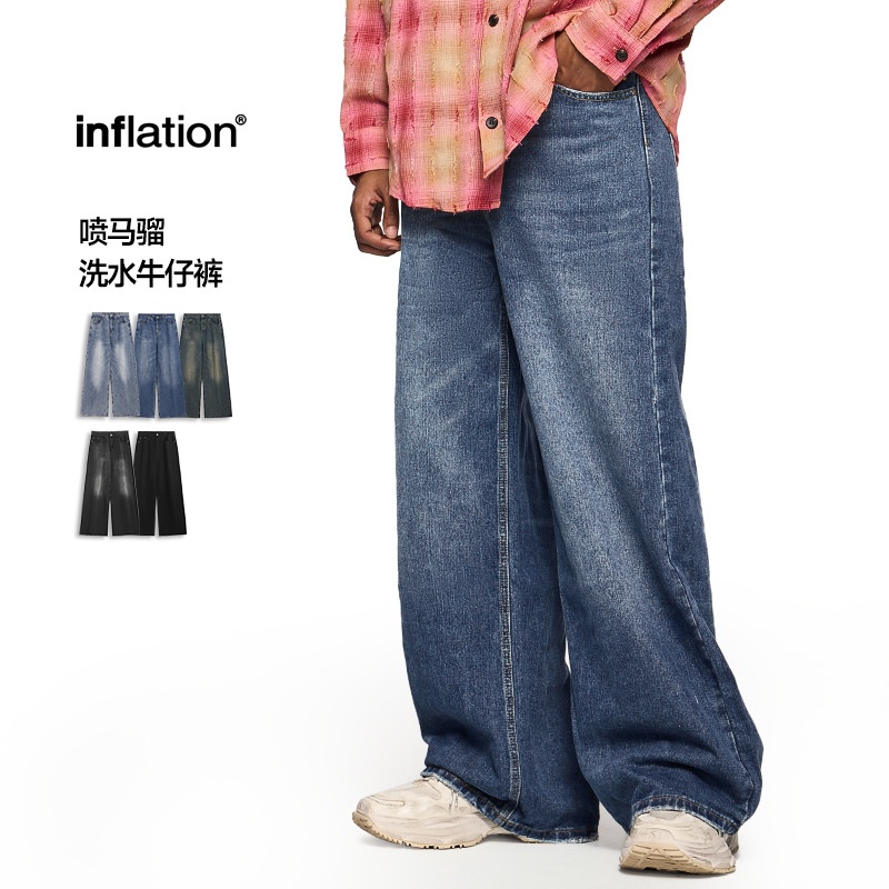 inflation 经典拖地裤25春夏潮牌美式街头喷马骝洗水宽松牛仔裤男