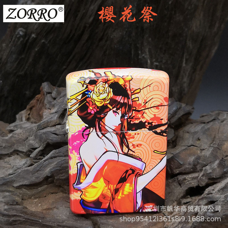 ZORRO佐罗樱花祭煤油打火机黄铜彩绘翻盖防风砂轮创意收藏。