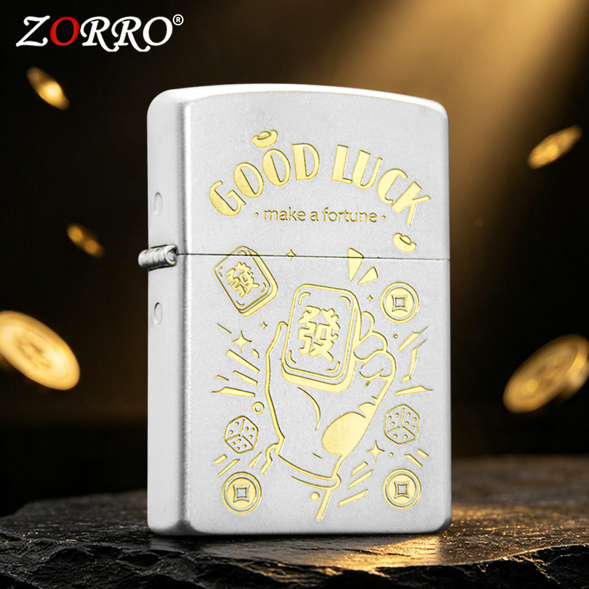 正品ZORRO佐罗砂铬手到财来煤油防风打火机砂轮精雕代发地摊批发~