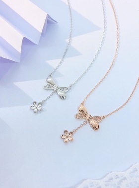 925纯银蝴蝶结吊花瓣项链女生小众设计高级感百搭气质锁骨链饰品