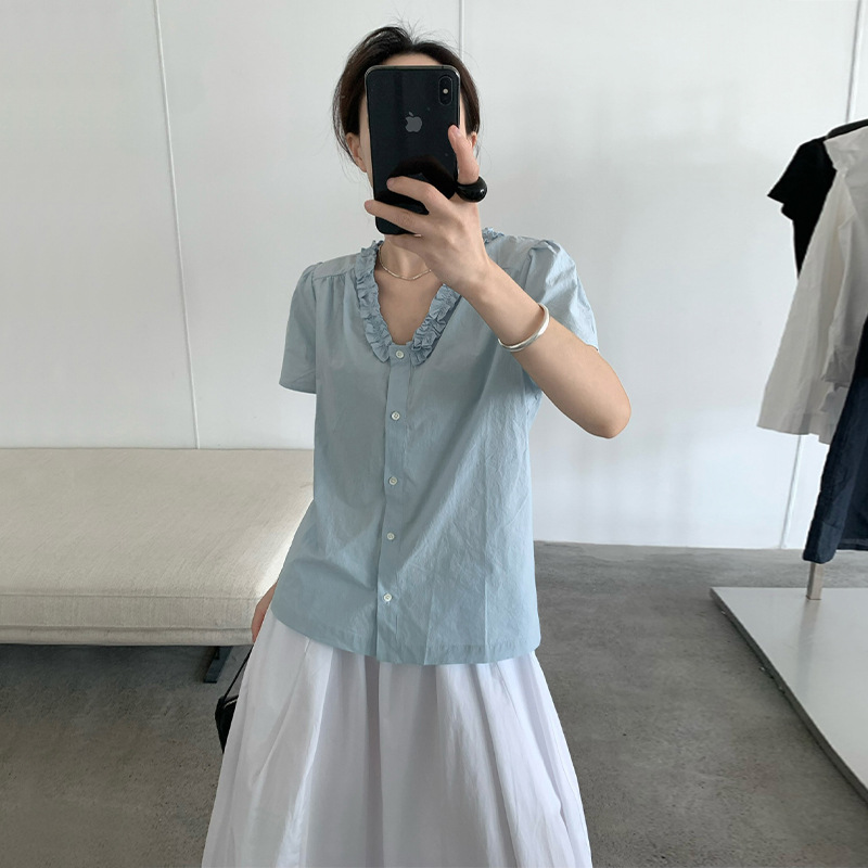 TG 韩系别致木耳花边V字领短袖衬衫女2025夏季新款宽松上衣24881