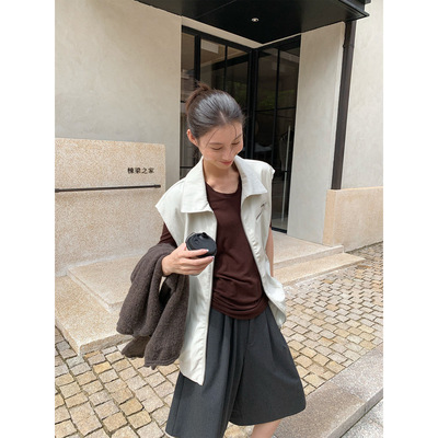 NEIHE内赫2025秋季新款复古蕾丝里布PU女式皮衣马甲外套女252319