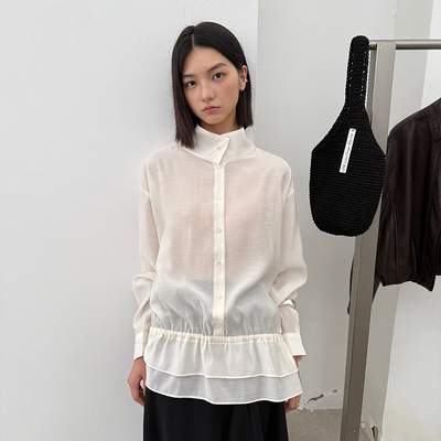 衣夫 韩系立领长袖衬衫女2025秋季荷叶边拼接抽绳收腰打底衫