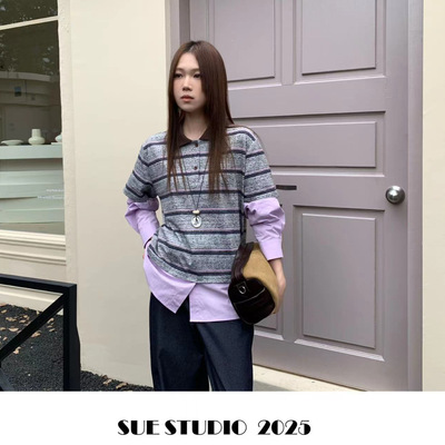 SUE秋季新款条纹撞色休闲长袖假两件卫衣韩系百搭翻领上衣女