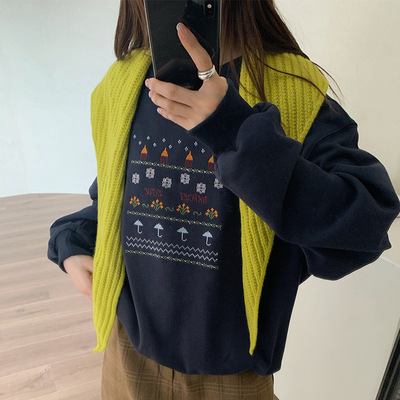 苏奈 纯色卫衣女2025秋宽松印花慵懒小个子纯棉宽松上衣fromanna