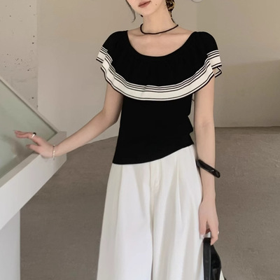 THEONETIME-2025春夏新款/法式气质荷叶边撞色针织短袖OT71320