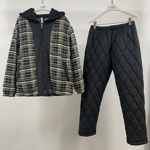 精雅专柜正品梭织色织格男士拉链连帽加厚冬家居服套装7582551-1