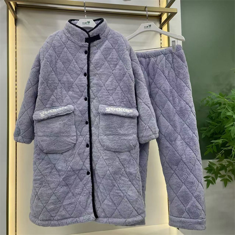 24冬季新款女士随棉睡袍中长款云丝绒夹棉加厚国风家居服HD84370