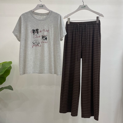 班妮诗26新款夏季人棉氨休闲卡通可外穿女套头短袖条纹家居服2710