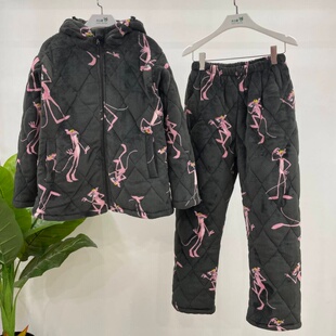 专柜同款亲嘴猫睡衣女冬季新款粉红豹加厚法兰绒夹棉家居服H56603