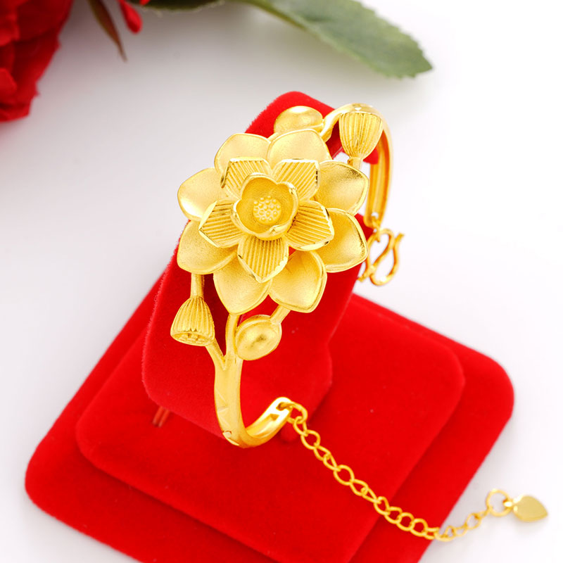 时尚铜镀金大花瓣手镯女款开口调节百搭仿真越南沙金手环黄金色