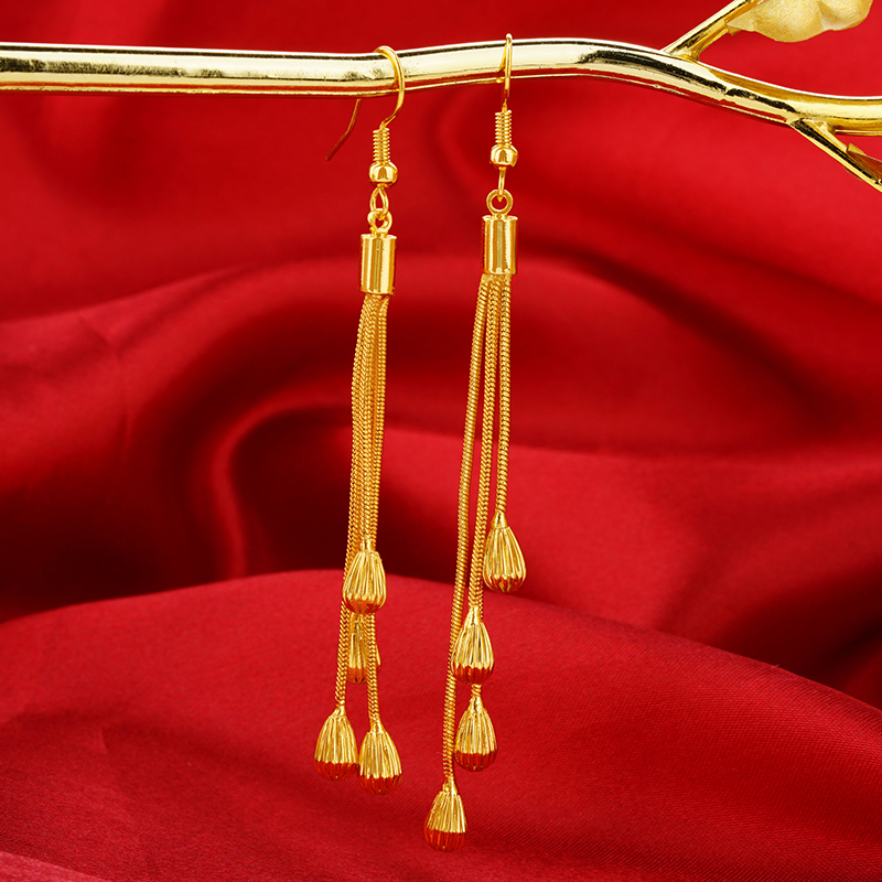 越南镀金仿真黄金长条耳环流苏ins光面圆珠耳扣耳环耳圈时尚耳线