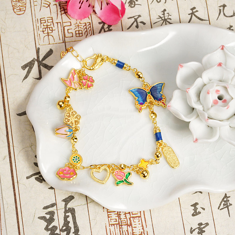 新款中式越南沙金复古镀金民族风玫瑰花滴油蝴蝶四叶花手饰女百搭