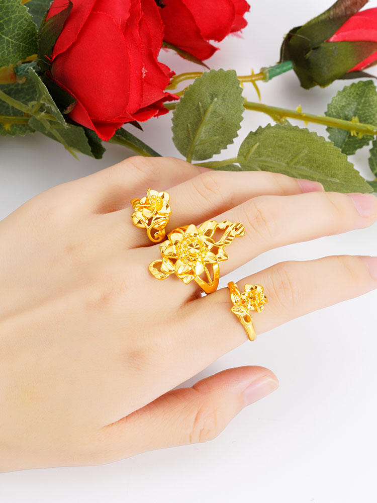 新款越南沙金百合花戒指女开口可调节食指戒镀金欧币指环久不掉色