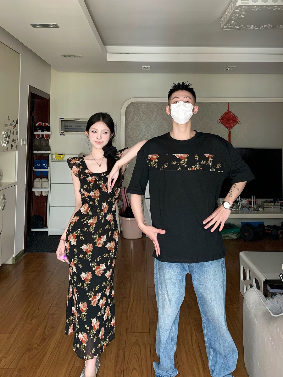 情侣装碎花小飞袖背心长裙