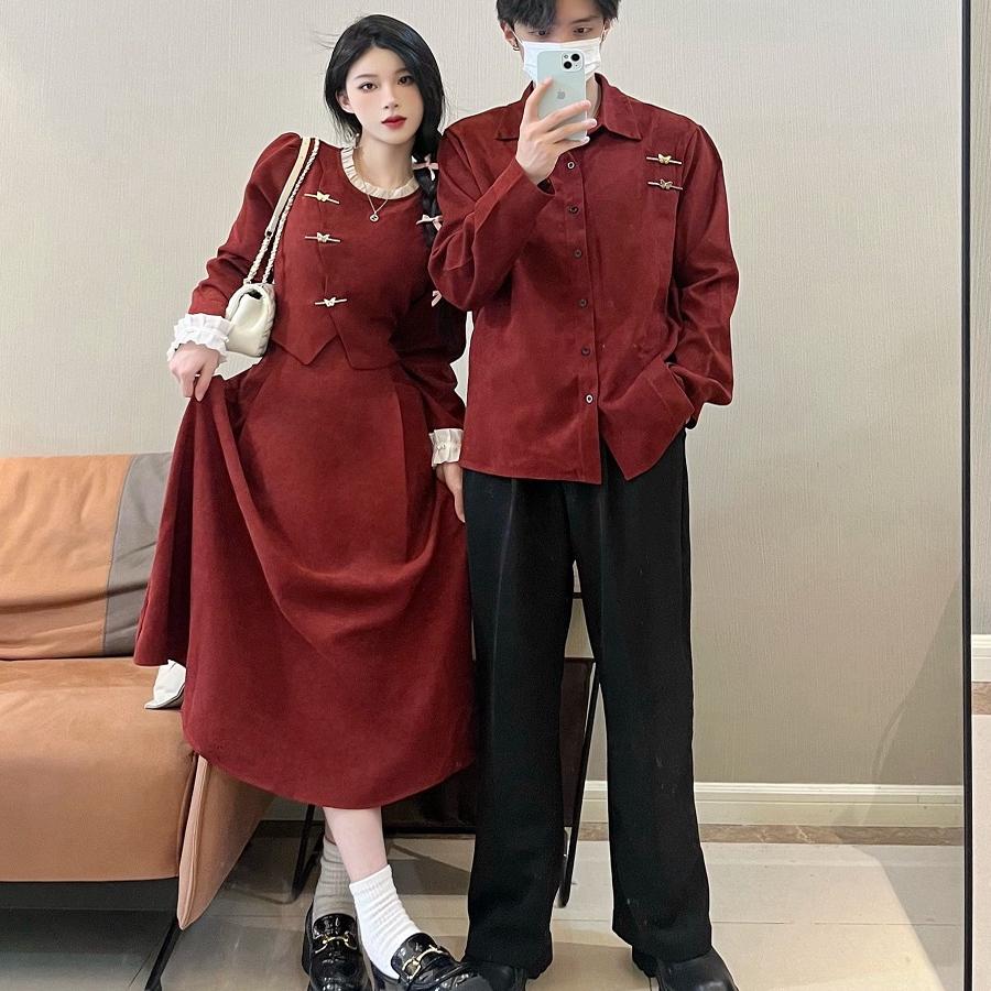 情侣装红色假两件本命年红色衬衫加绒一裙一衣复古灯芯绒套装裙