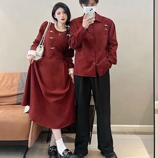 情侣装红色假两件本命年红色衬衫加绒一裙一衣复古灯芯绒套装裙