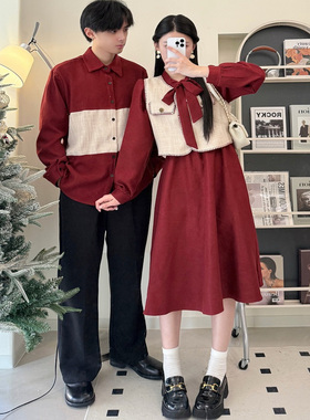 情侣实拍杏色格纹订婚小香风马甲红色a字裙显瘦两件套回门连衣裙