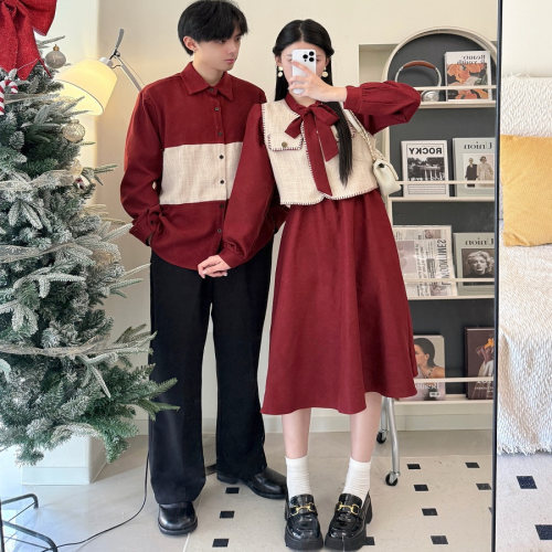 情侣装杏色格纹订婚小香风马甲