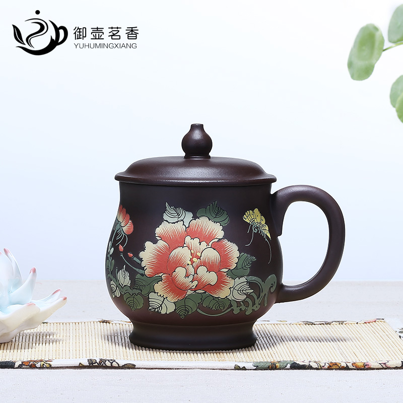 御壶茗香宜兴名家彩绘原矿紫砂杯茶具纯全手工茶杯办公杯带盖茶杯