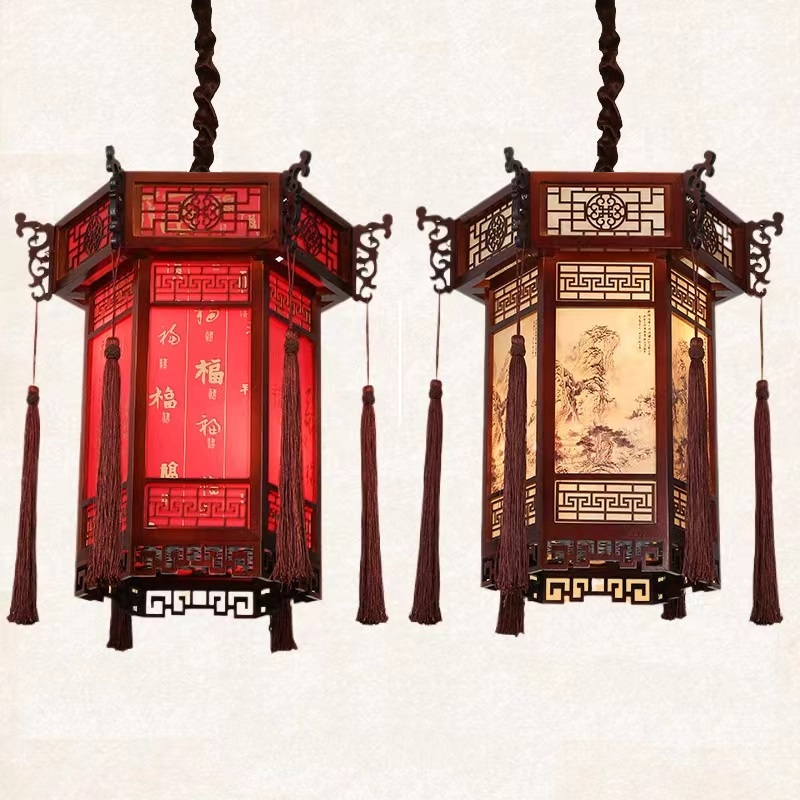 仿古中式实木六角宫灯走廊阳台灯笼复古寺庙祠堂门头户外长廊吊灯