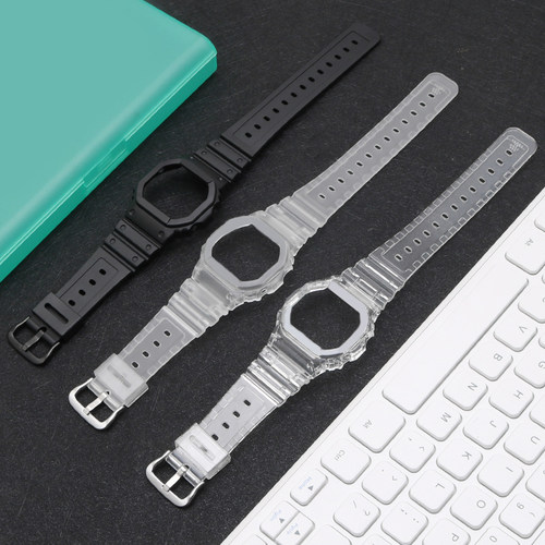 适配卡西欧小方块透明冰韧DW5600SK-1/SKE/BB/LS树脂表壳表带配件