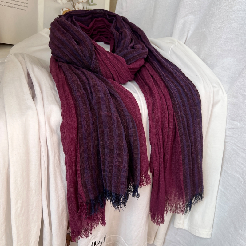 2025秋冬季新款棉麻围巾女民族风文艺百搭撞色保暖围脖紫红色丝巾