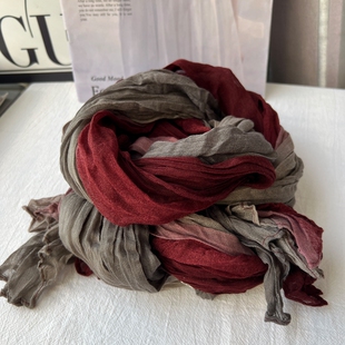 酒红色新款渐变色棉麻围巾女春秋冬季薄款文艺长丝巾褶皱百搭围脖