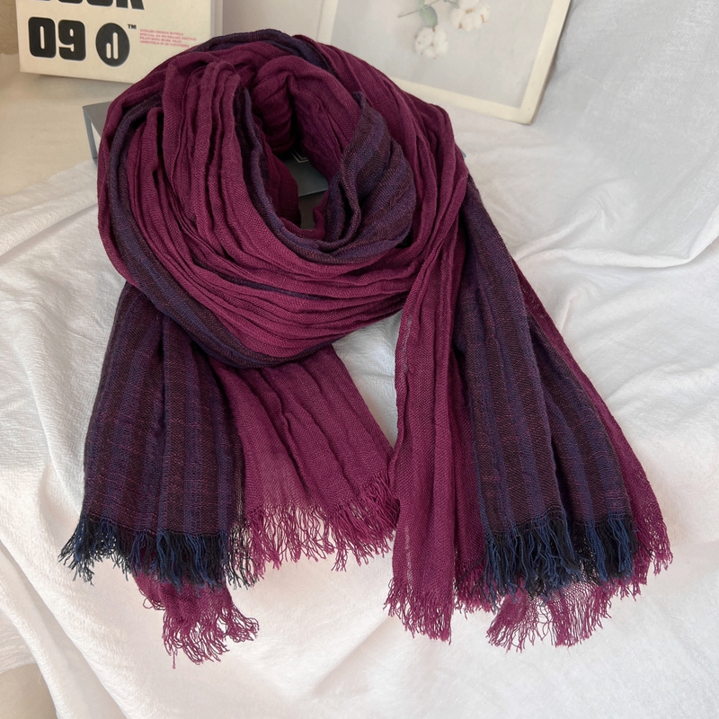 春秋季新款拼色棉麻围巾女士薄款冬时尚百搭长款褶皱撞色亚麻丝巾