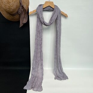 灰色旅游拍照护颈椎棉麻围巾女薄款百搭褶皱装饰窄细长条丝巾夏季