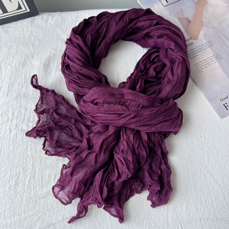 秋冬季新款紫色围巾女棉麻纯色韩版文艺百搭丝巾褶皱披肩保暖围脖