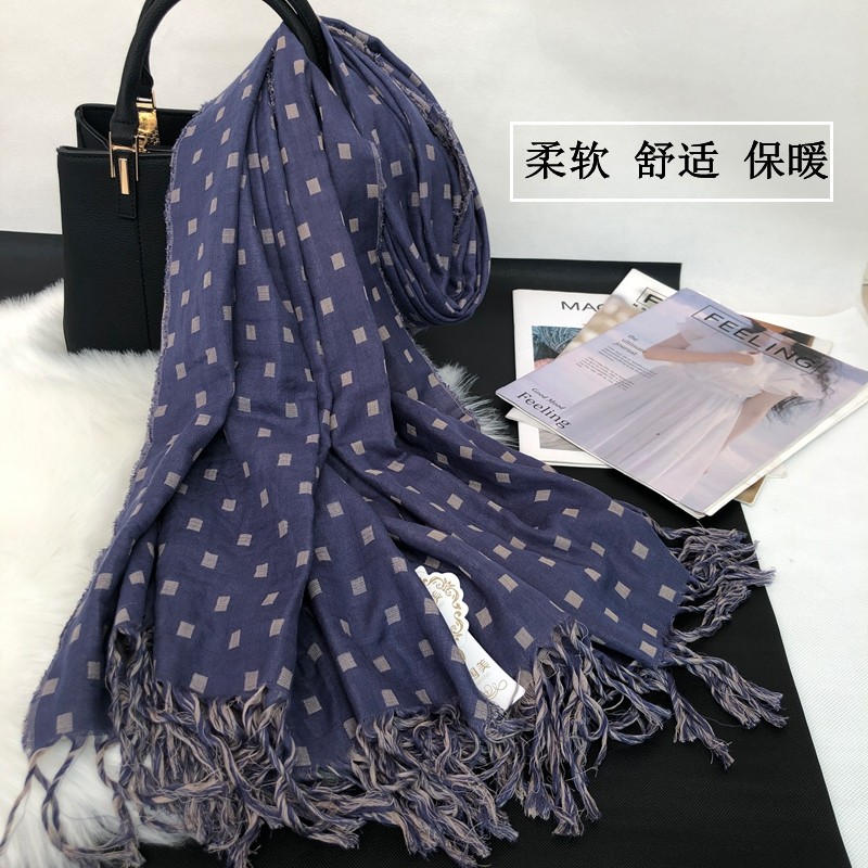 2025秋冬季新款格子围巾女蓝色纯棉麻韩版百搭长款加厚围巾披肩冬