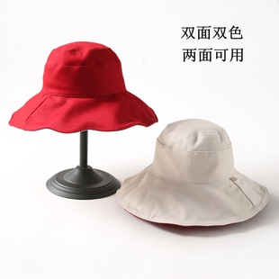 帽子女红色双面双色夏天韩版百搭渔夫帽旅游防晒遮脸大檐遮阳帽夏