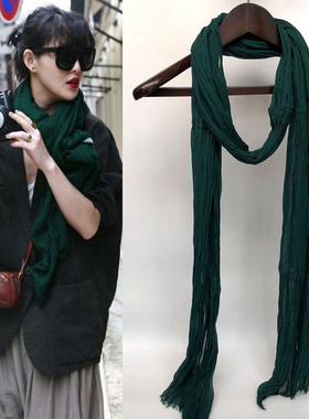 墨绿色棉麻围巾女薄款春秋百搭窄款护颈椎细长条装饰纯色丝巾夏季