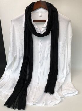 黑色棉麻围巾女薄款春秋夏季百搭细长窄款护颈椎长条褶皱亚麻丝巾