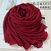 百搭长款 韩版 披肩两用保暖亚麻丝巾 秋冬季 酒红色棉麻围巾女士薄款
