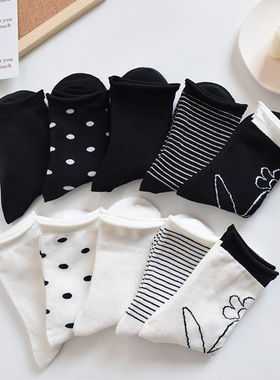 黑色卷边袜子女中筒袜ins潮日系可爱白色春夏秋季条纹纯色长筒袜