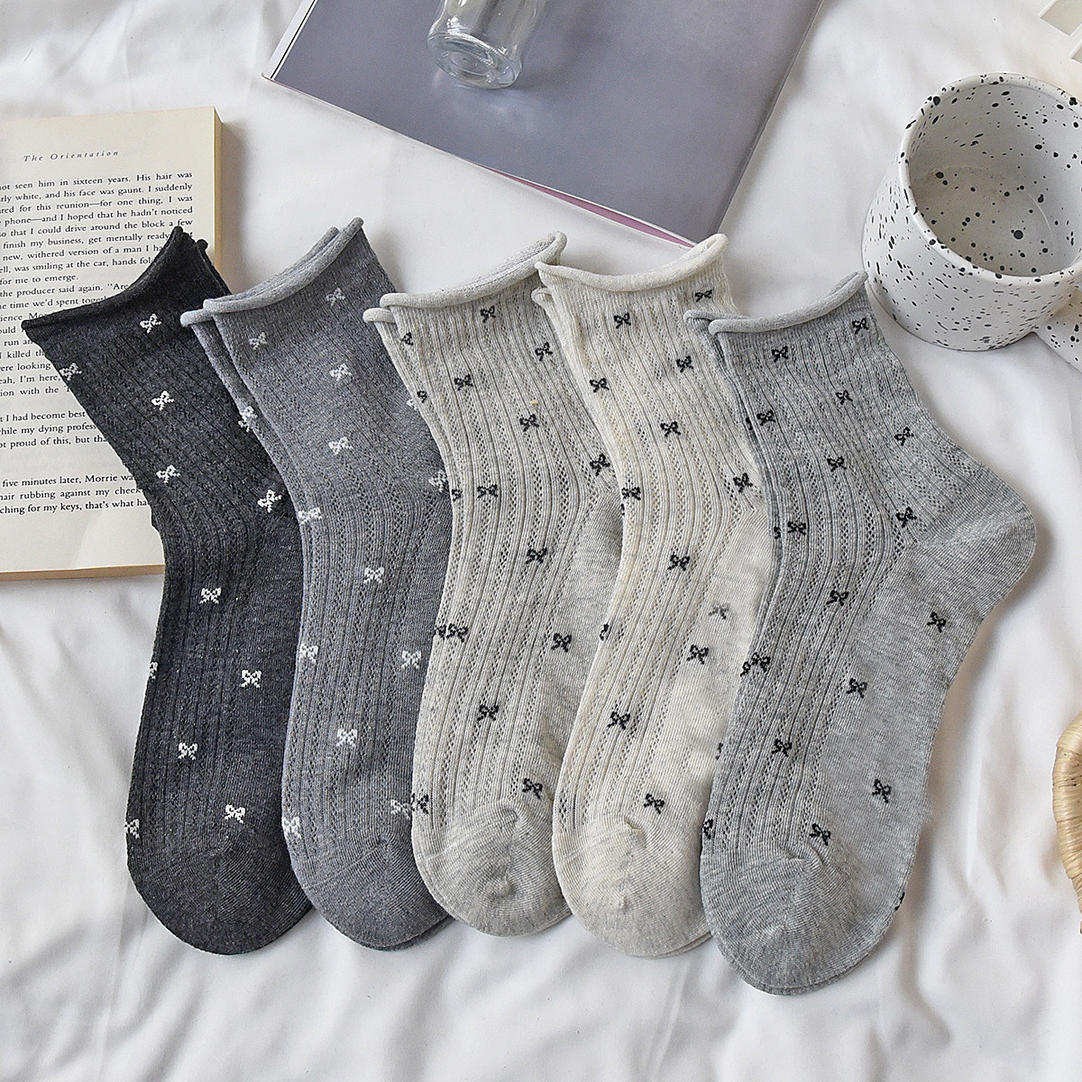 灰色蝴蝶结春夏薄款袜子女中筒袜百搭透气网面勃肯鞋堆堆卷边日系