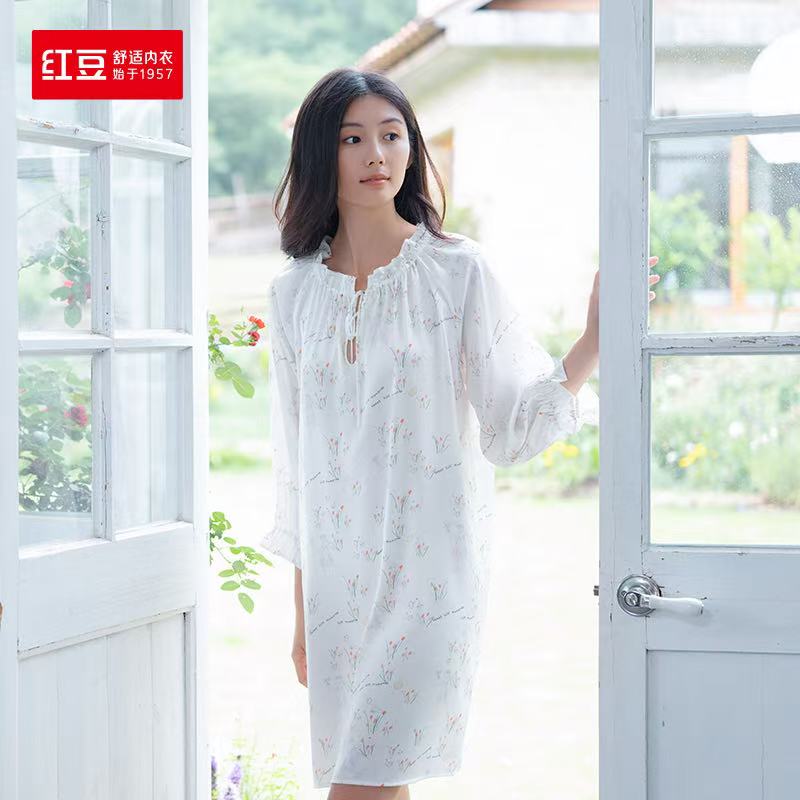 红豆夏薄款女士仿真丝长袖睡裙睡