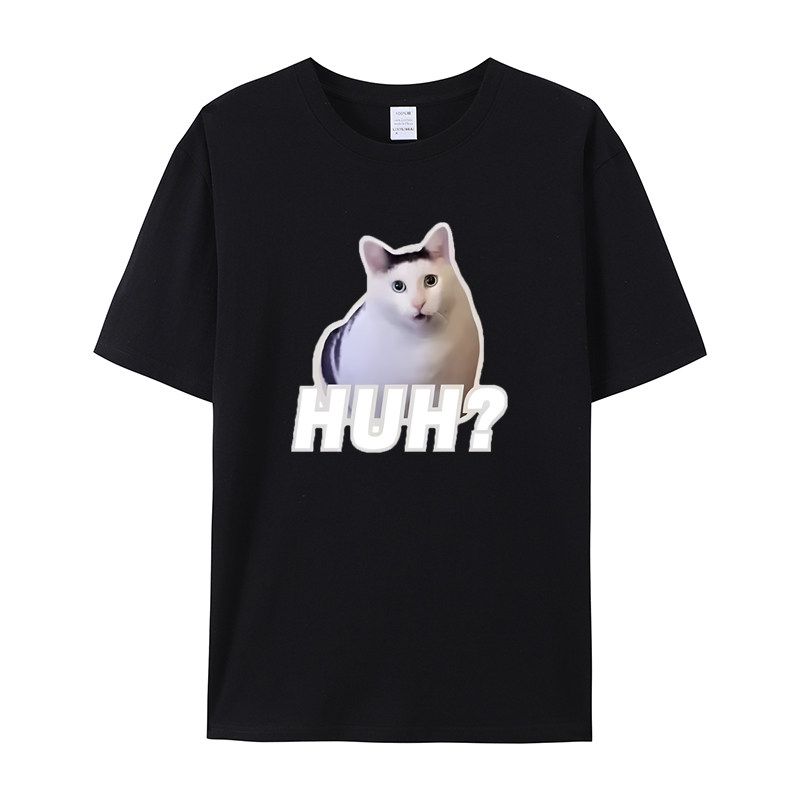 HUH猫咪趣味表情包懵逼个性印花短袖t恤男装夏款宽松纯棉半袖衣服