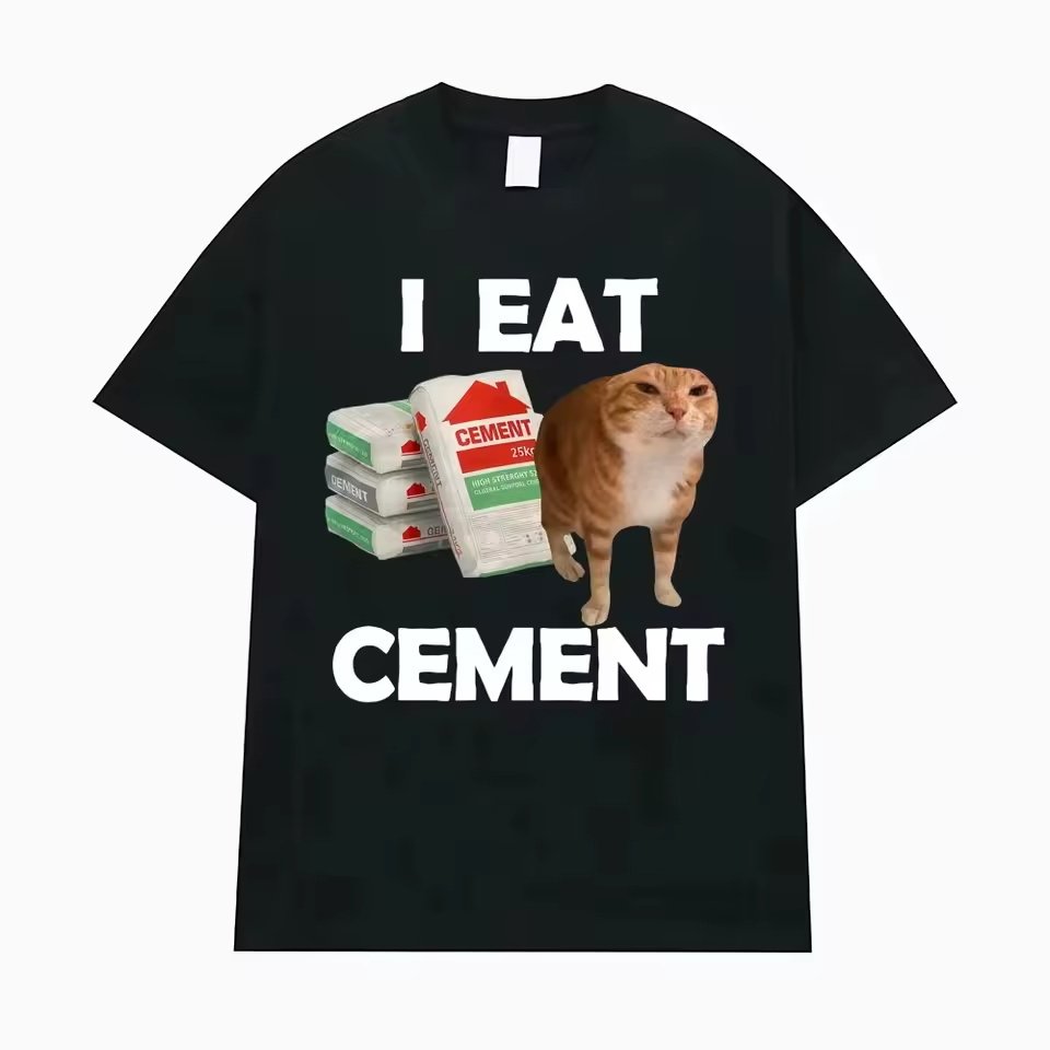 I Eat Cement 搞怪橘猫 meme 短袖 猎奇沙雕猫咪印花宽松男女T恤 - 实物图