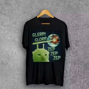Glerp Glorp搞笑外星猫袭击地球梗T恤男女青少年个性搞笑抽象短袖