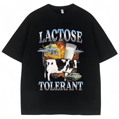 Lactose Tolerant奶牛坦克飞机印花短袖T恤男女个性化纯棉圆领TOP