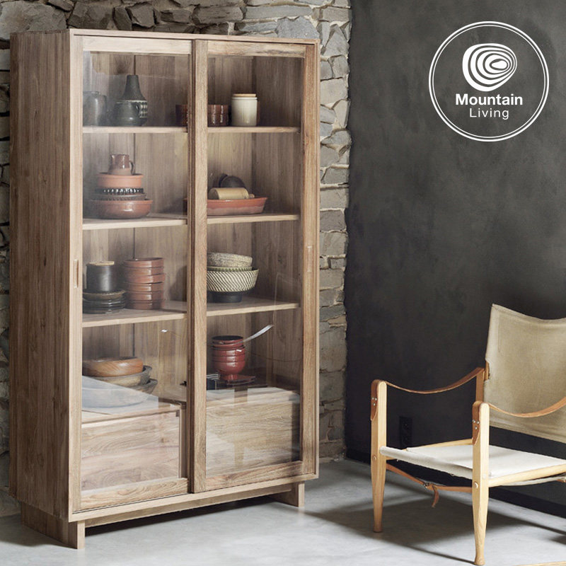 Mountain Living进口柚木家具实木书柜玻璃门落地立柜