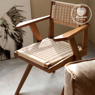MountainLiving进口柚木家具实木餐椅纸绳餐桌椅子单椅中古风复古
