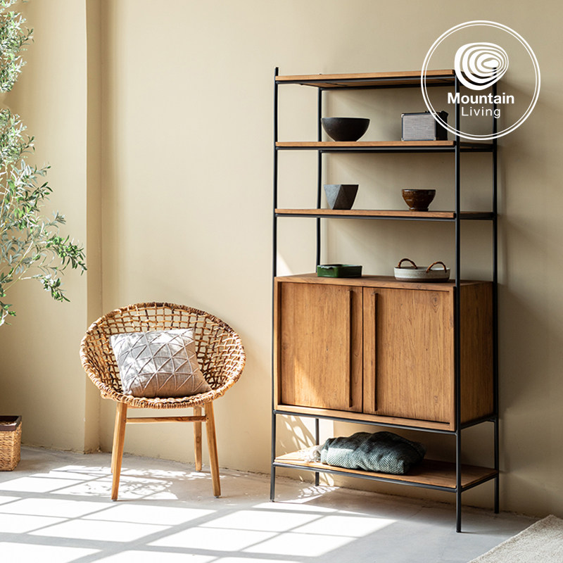 MountainLiving进口老柚木家具实木书架多层板置物架铁